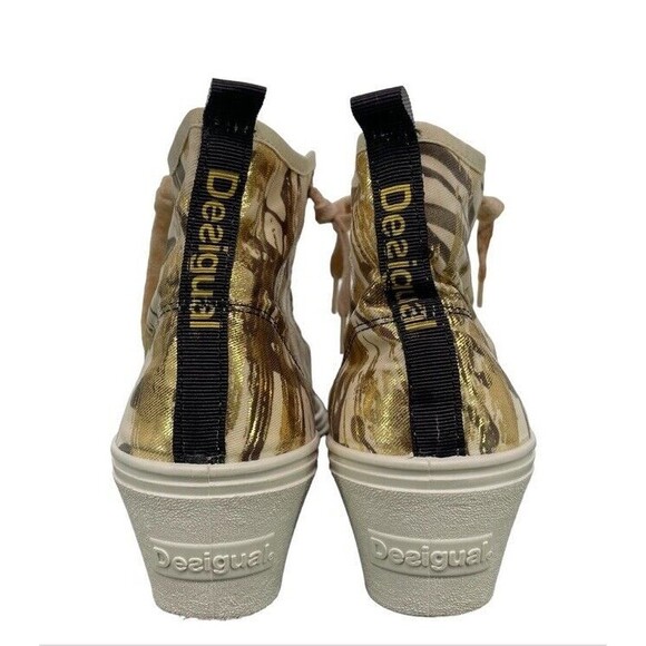 Desigual Elefante Canvas Wedge Sneakers Metalic Print Gold Fun Artsy Street 7.5 - Picture 4 of 13